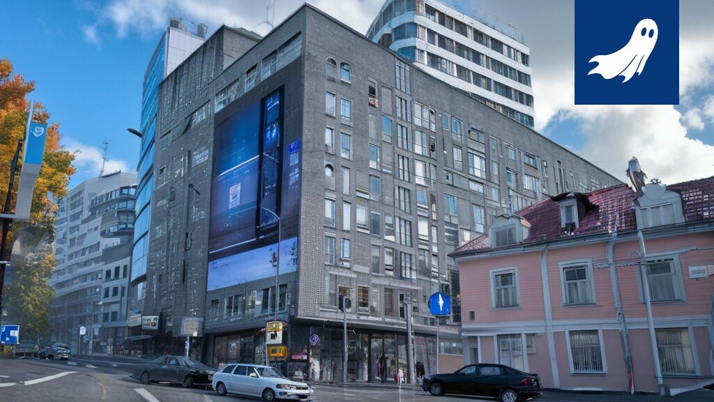 Opaalin taloyhtiön julkisivu täynnä huutavia mainoksia, kuvaamassa hallitsematonta mainosmyrskyä.