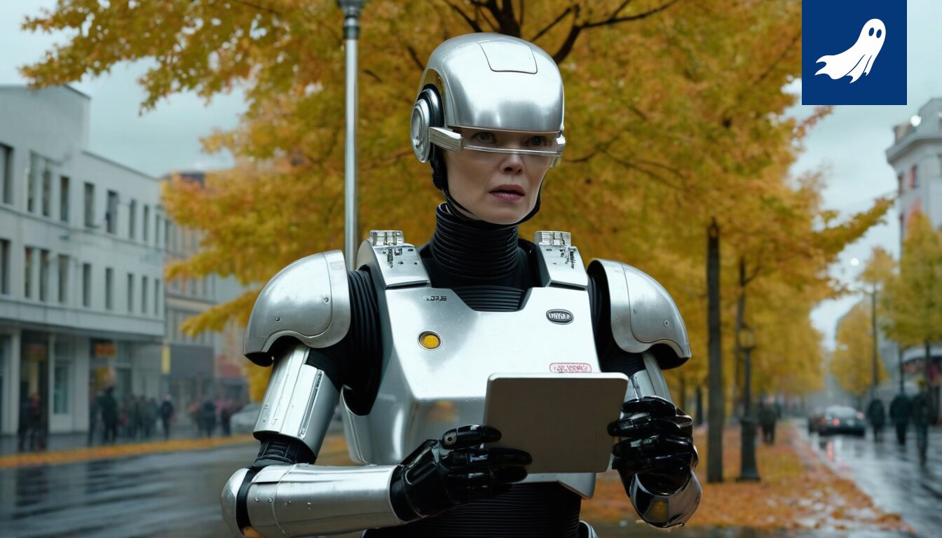 Sarjakuvamainen kuva Tampereen rautatieasemalta, jossa R-juna katoaa savupilveen ja Robocop tarkkailee tilannetta.