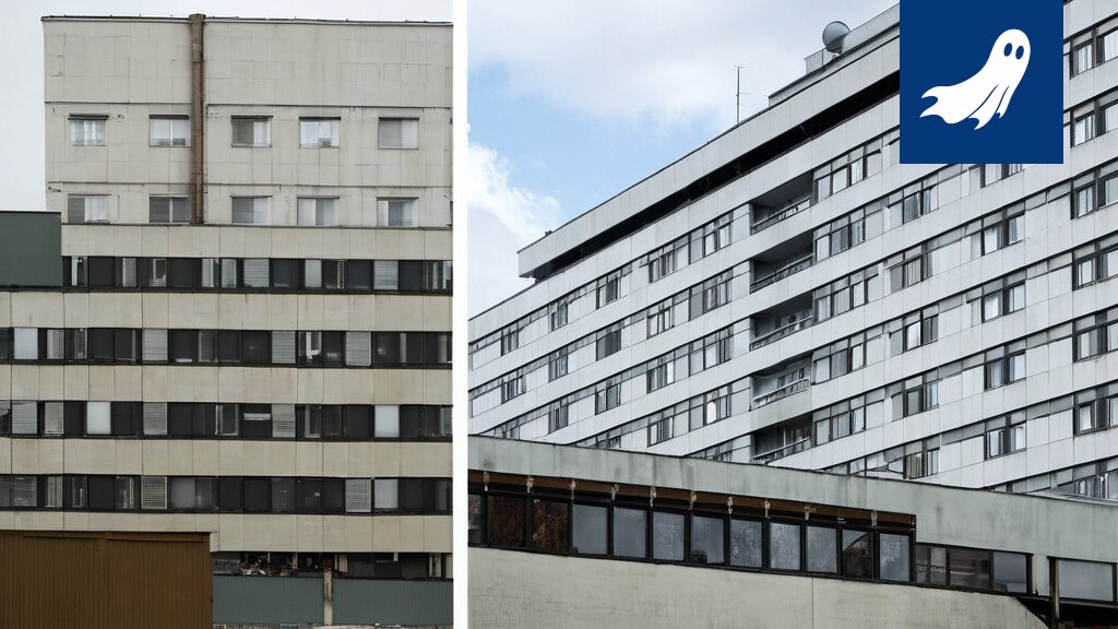 Sarjakuvamainen kuva Taysin rakennuksesta, jonka sisällä pyörii kaoottinen pyörre, symboloiden sisäilmaongelmia ja byrokratiaa.