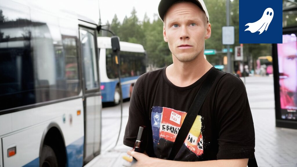 Sarjakuvamainen kuva digitaalisesta bussista lohkoketjun symbolien ympäröimänä, kuvaa Tampereen julkisen liikenteen digitaalista vallankumousta.