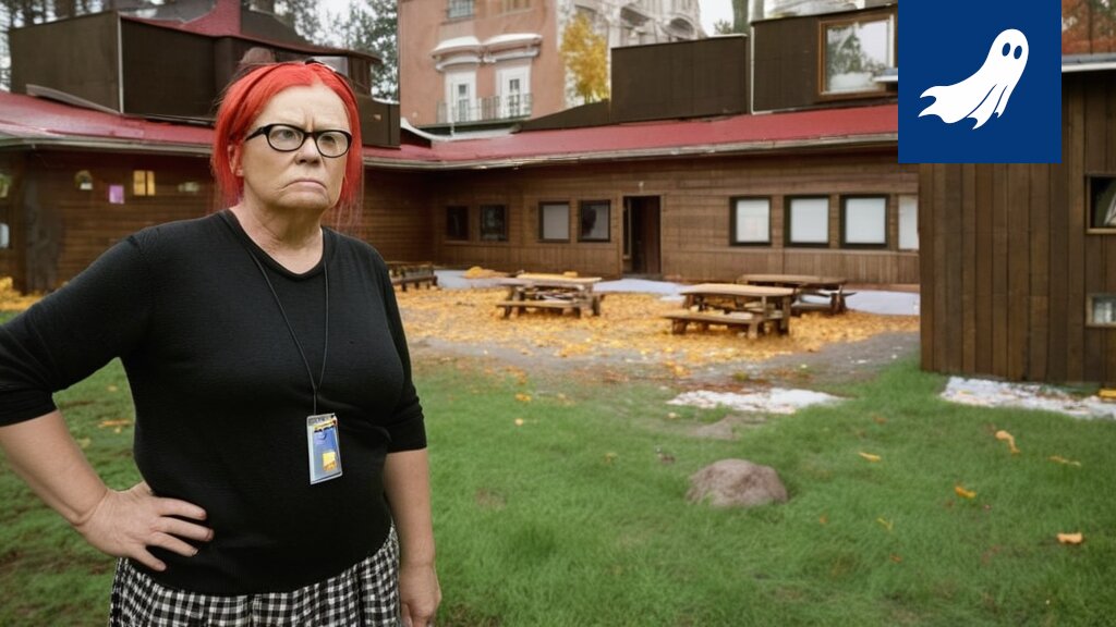 Sarjakuvamainen kuva päiväkodista, jossa lapset leikkivät Näsinneulan laserin valvonnan alla.