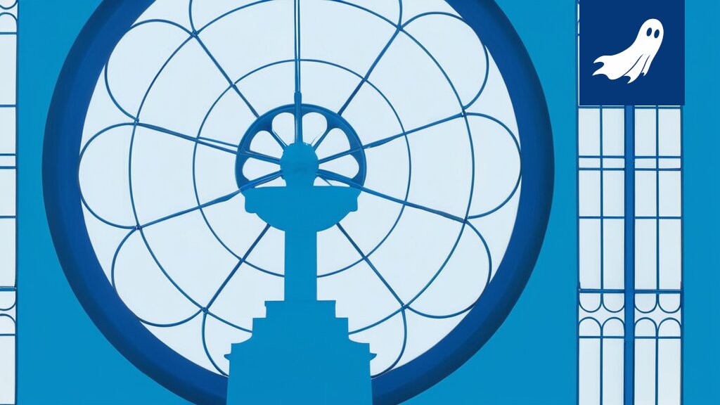 Sarjakuvamainen kuva Tampereen kaupungintalosta, jonka yläpuolella leijuu digitaalisia hahmoja edustamassa virtuaalista jälkielämää.