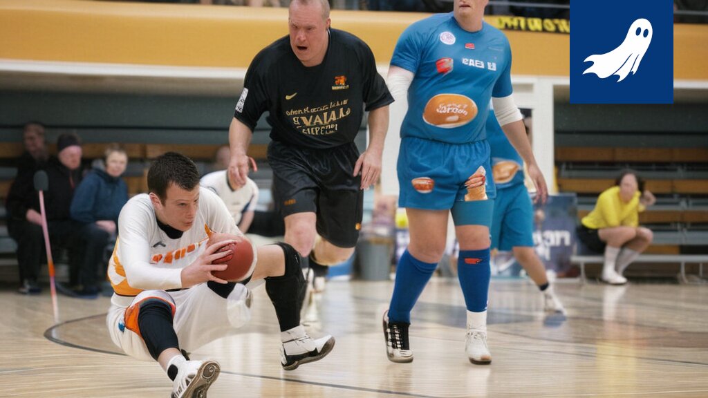 Valkeakosken Mad Maxin maskotti vaihtamassa futsal-pallon osakemarkkinoiden graafiin, symboloiden joukkueen yhtiöitymistä ja pörssimenestystä.