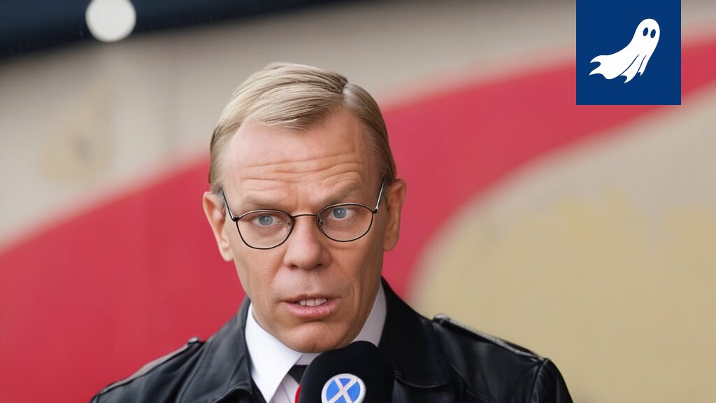 Pääministeri Orpo hymyilee osakemarkkinoiden taustalla, vihjaten poliittisen ja taloudellisen vallan yhdistymisestä.