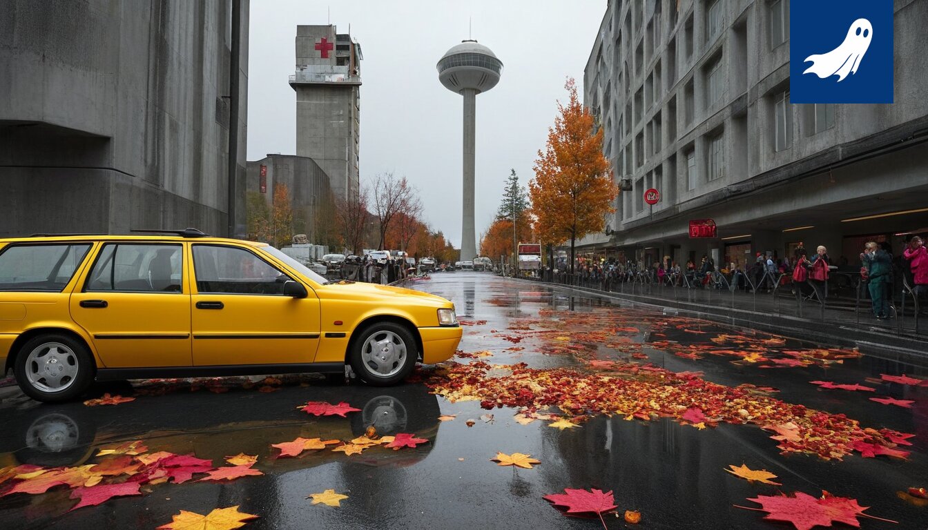 Sarjakuvamainen kuva Tampereen liukuportaista, joissa näkyy kapinallisia elementtejä, kuten lakkoilmoituksia ja vihaisia eläkeläisiä.