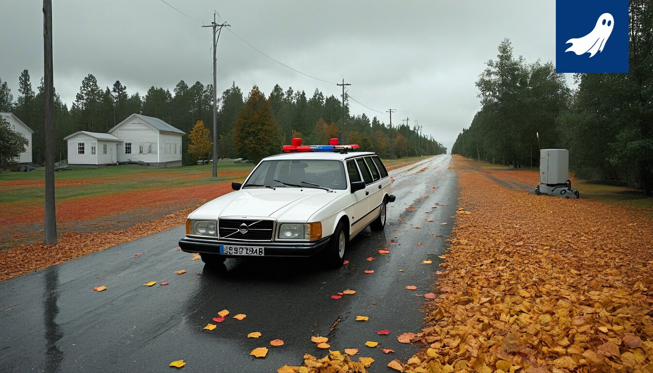 Mouhijärven kylän maisema sinivalkoisin värein, vihjaten vahvaan Tapparan kannattajakulttuuriin.