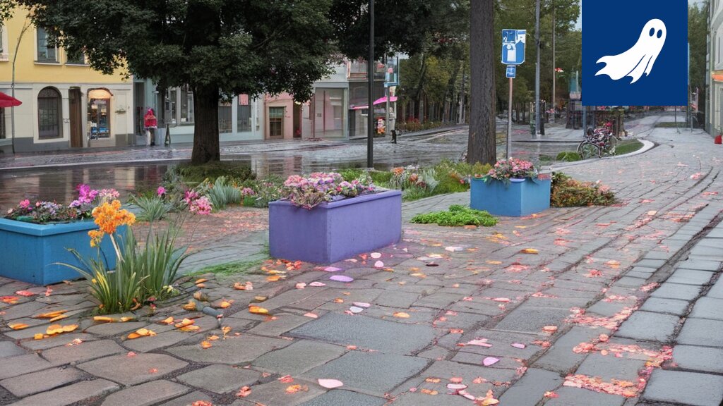 Värikäs, muunneltu parkkipaikka täynnä nuoria, jotka ottavat kuvia puhelimillaan.