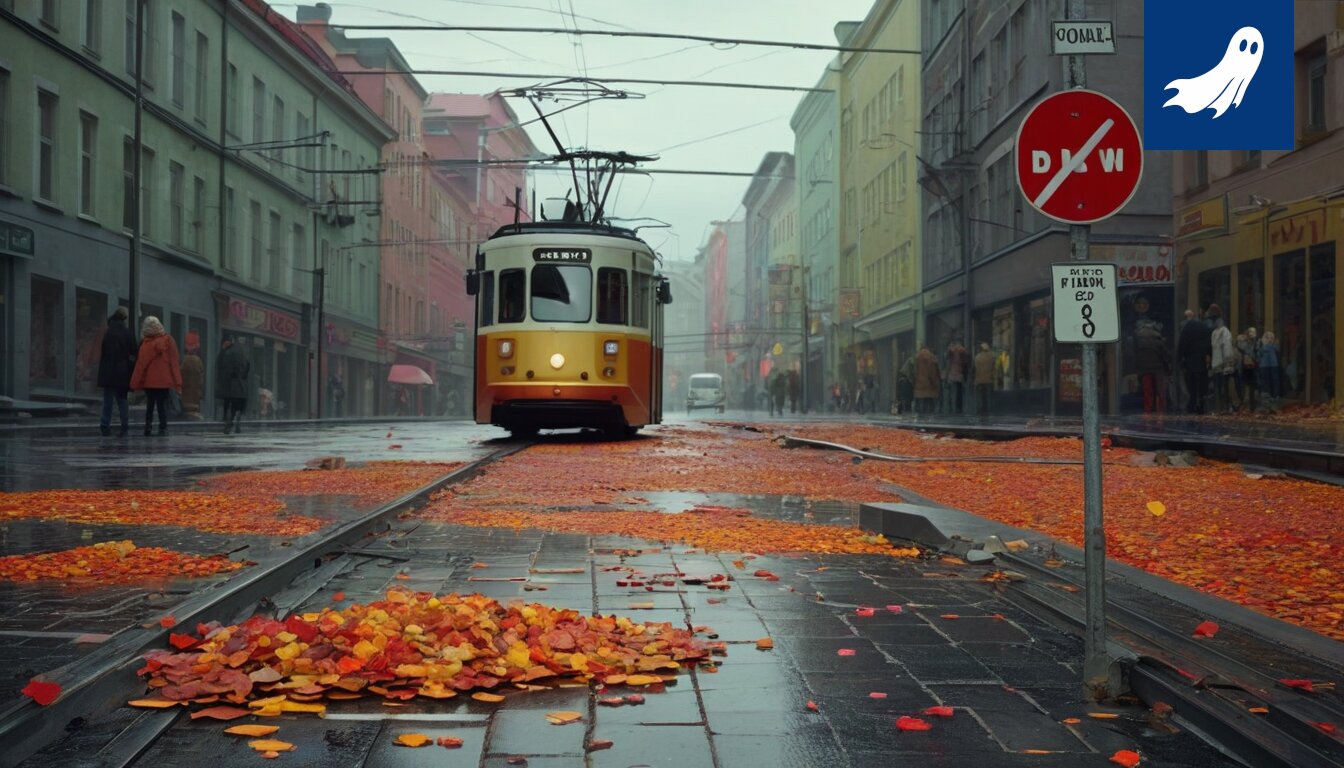Sarjakuvamainen kuva Tampereen ratikkakiskoista yöllä, symboloiden kaupungin outoja kehitysprojekteja.