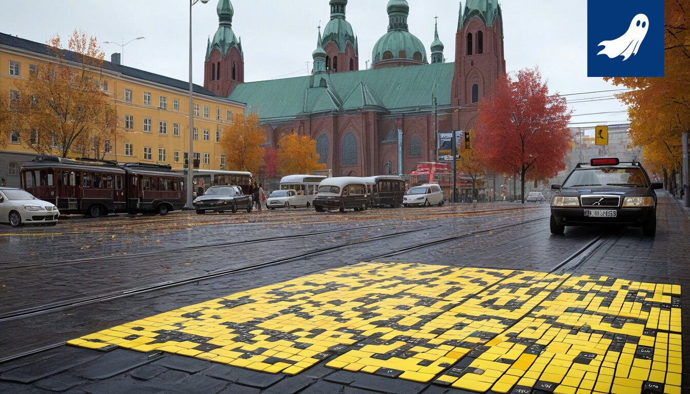 Sarjakuvamainen kuva Tampereen ratikasta, jonka yläpuolella leijuu ajatuskuplia täynnä ratikkareittejä ja parkkipaikkoja.