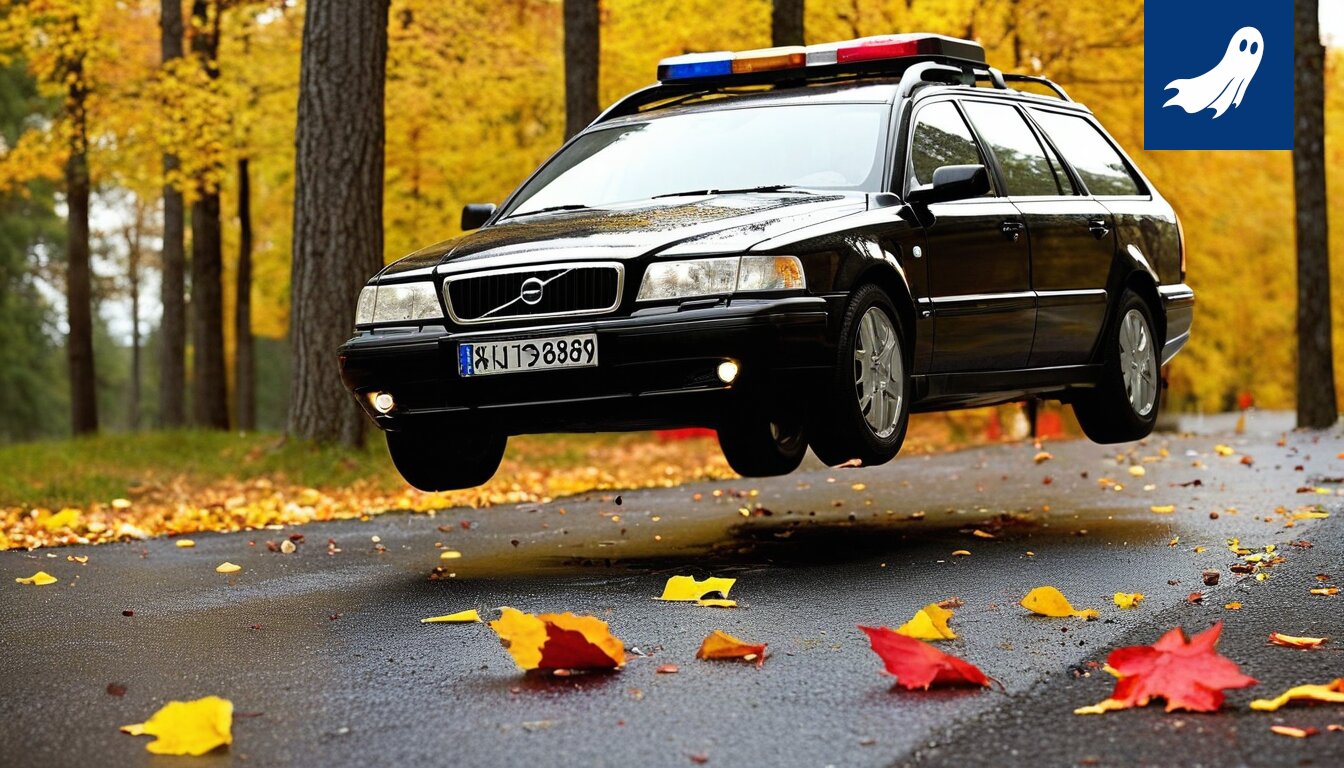 Robocop vartioi Näsinpuiston veistospuistoa, samalla kun taustalla näkyy sekasortoa ja vihaisia autoilijoita.