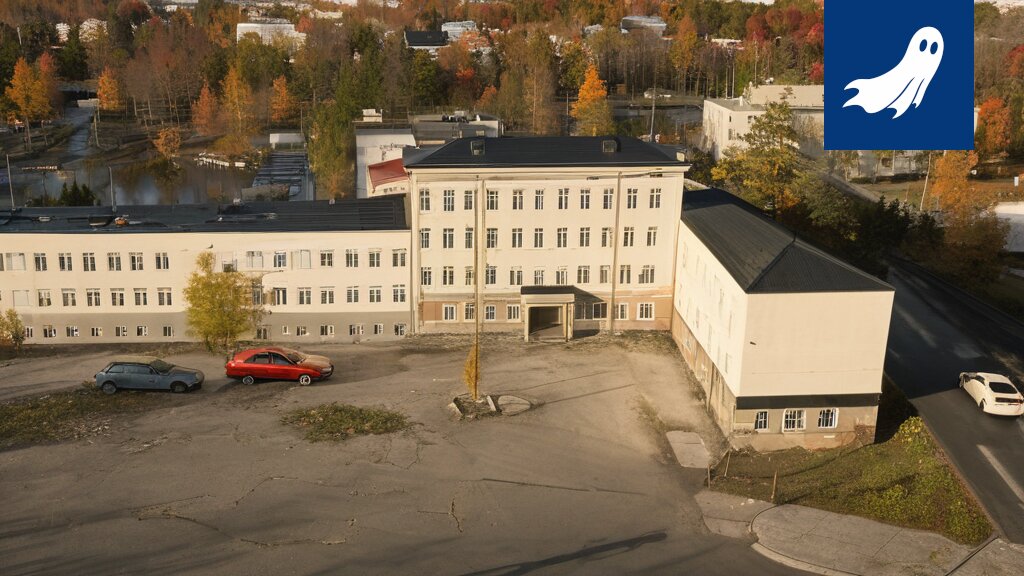 Nekalan koulun seinä, jossa näkyy homeen muodostamia kuvioita, esitettynä taiteellisessa valossa.