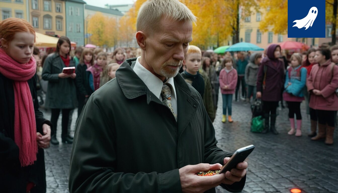 Ali Kupiainen hymyilee valokuvaajalle, taustalla Kupiainen Oy:n logo ja paistinpannu.