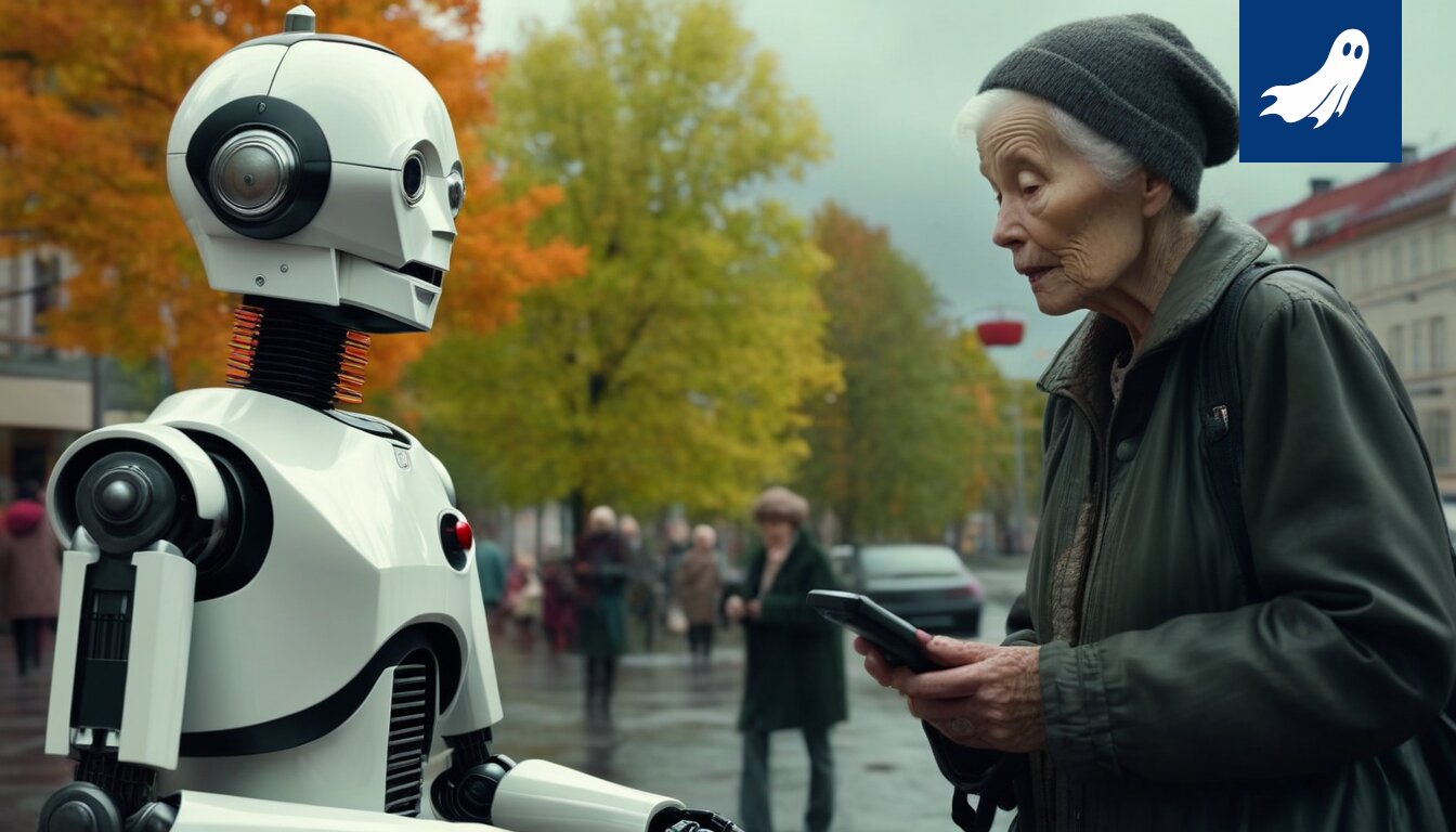 Kuva robottipariskunnasta tai vanhemmasta pariskunnasta, joka katsoo tietokoneen näyttöä.