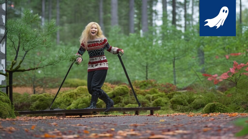Sarjakuvamainen kuva robottikompassista suunnistamassa metsässä, symboloiden suunnistuksen digitalisoitumista.