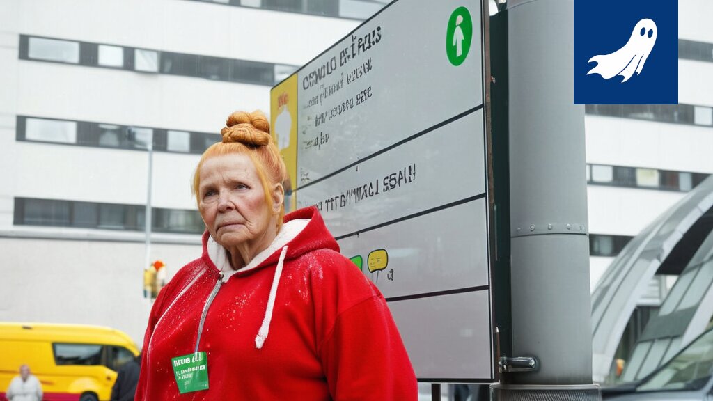 Sarjakuvamainen kuva tekoälystä, joka laskee potilaiden arvoa excel-taulukossa, symboloiden hoivapalveluiden automatisointia ja inhimillisyyden puutetta.