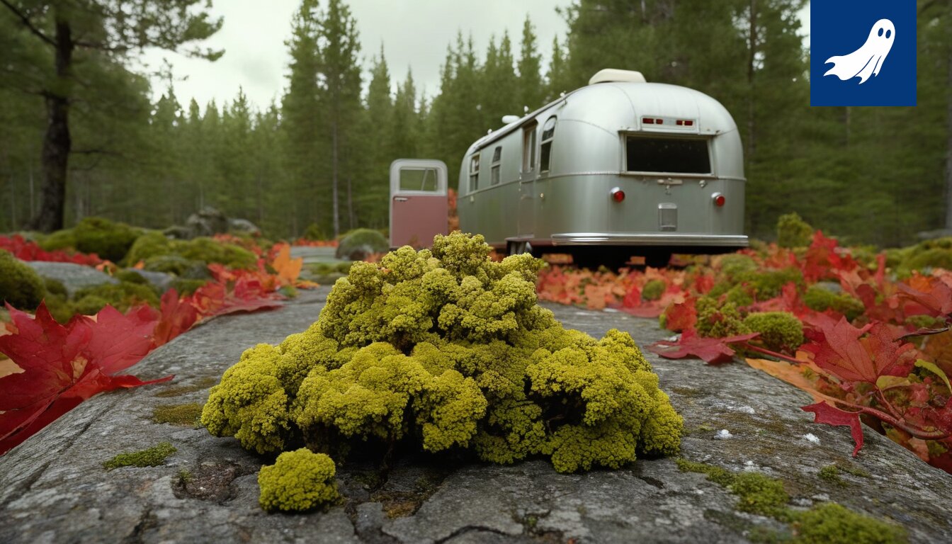 Asuntoauto Sevetin Baarin takapihalla, ympärillä jäkälää ja poronkänsää.