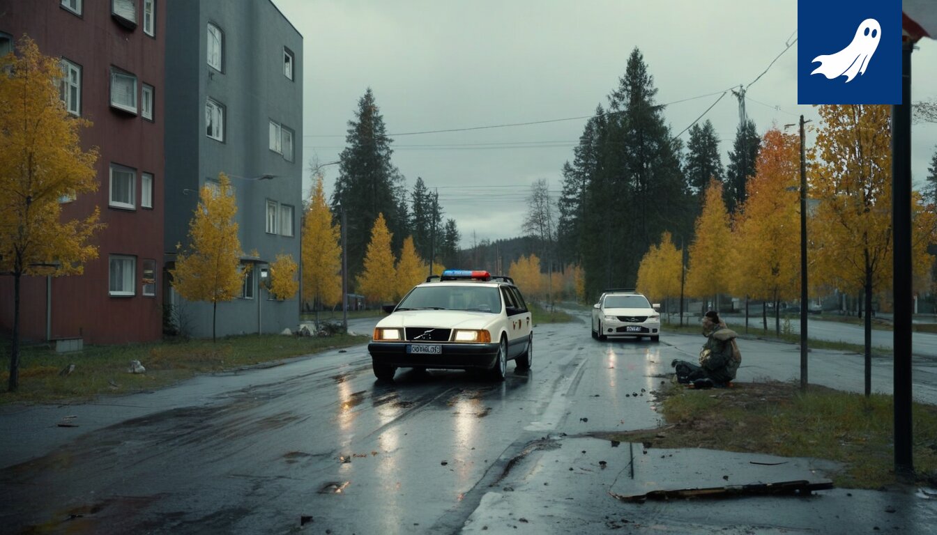 Robottitoimittaja Julmanyrkki "SteveBot-8000" Kärkkäinen tarkastaa palaneen tuuletusikkunan karmin, taustalla mainospohjainen karmikorvike.