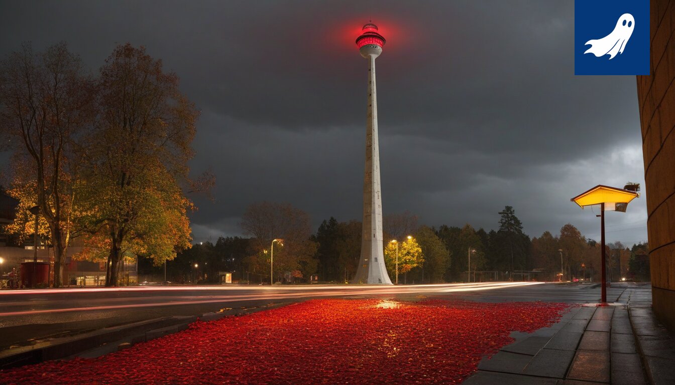 Sarjakuvamainen kuva kirjailijasta pörssikurssin graafin edessä tai Tampereen kaupungintalosta osakkeiden kanssa.