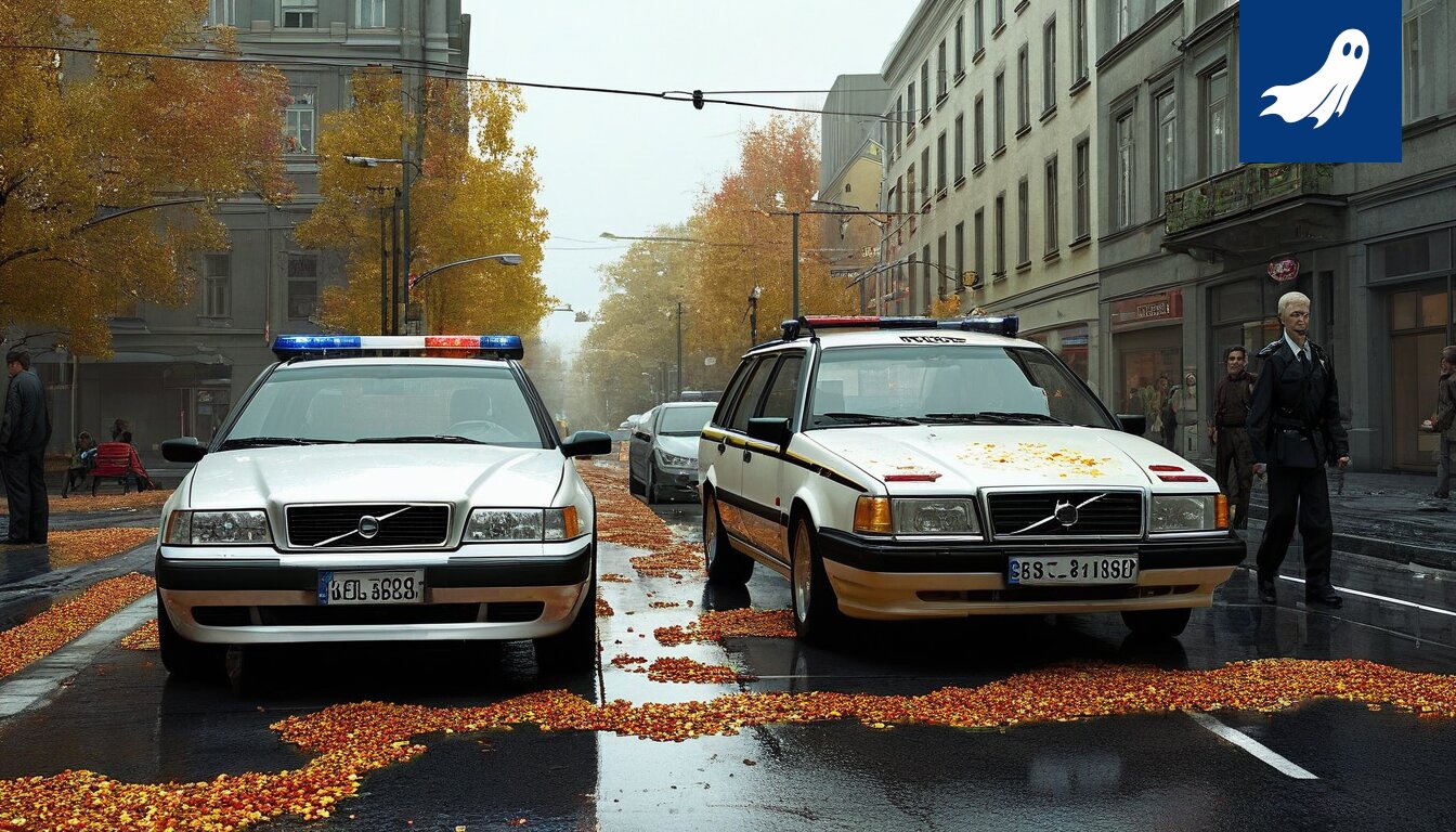 Sarjakuvamainen kuva Tampereen liikenteestä, jossa robottipoliisi sakottaa autoja ja taustalla näkyy Tilannesakko Oy:n logo.