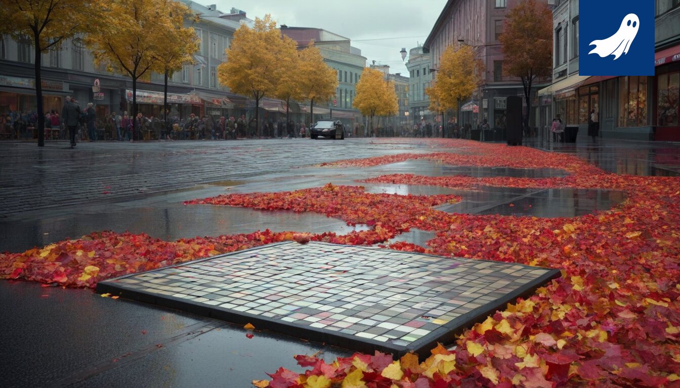 Sarjakuvamainen kuva digitaalisesta portista, jonka yläpuolella lukee 'Rosso' ja jonka kautta ihmiset katoavat.