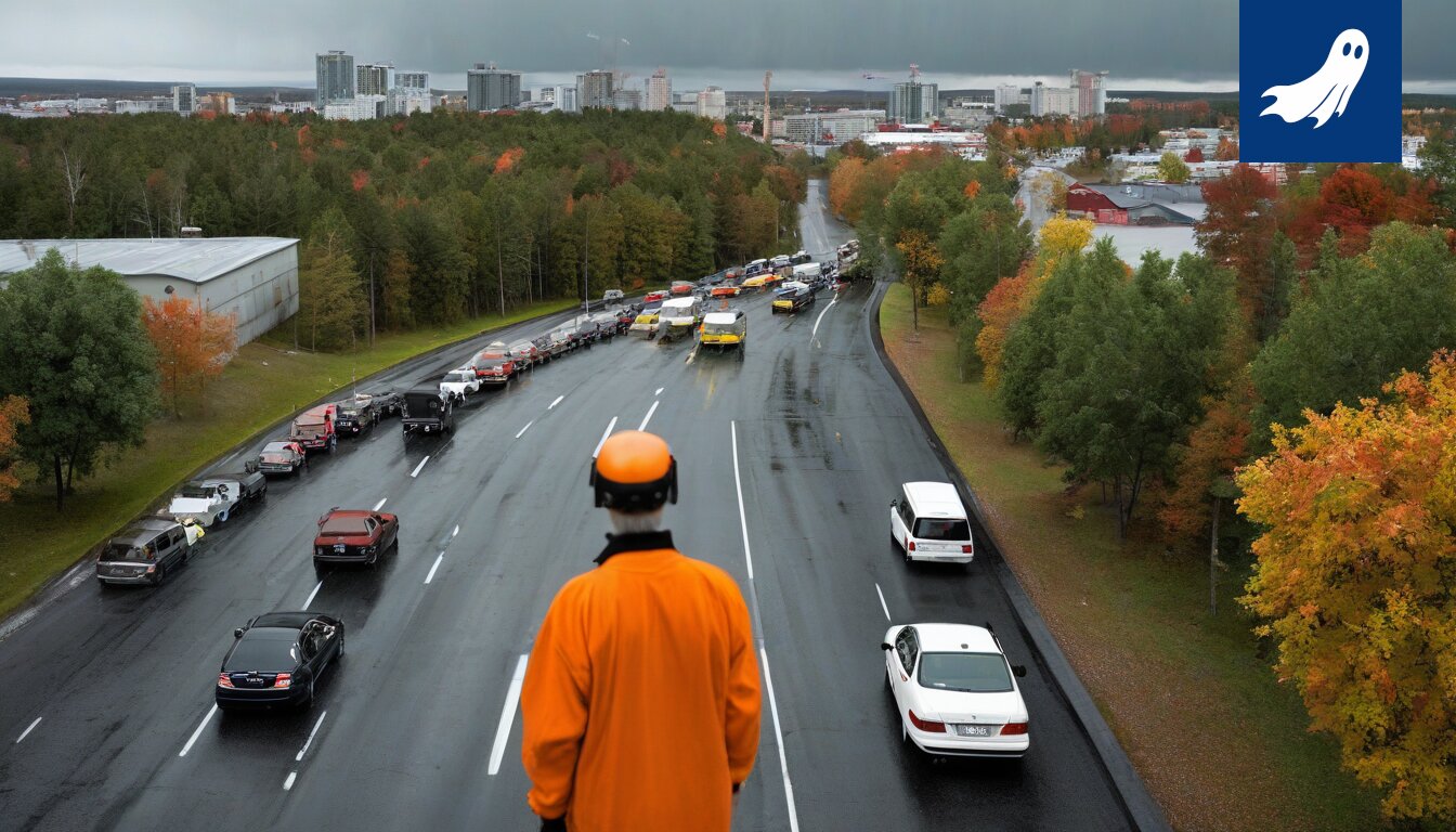 Kuljetinhihna Hervantajärven yli, taustalla järvenrantataloja ja protestoivia ihmisiä.
