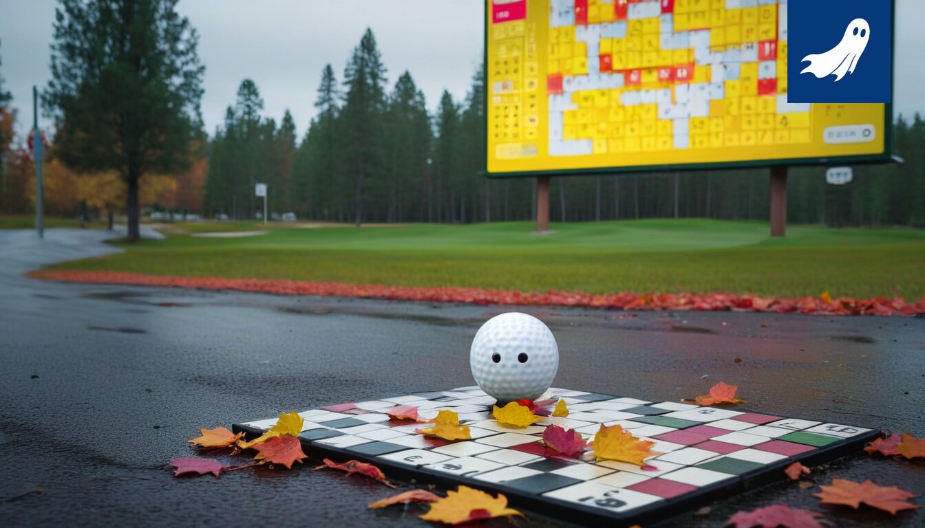 Sarjakuvamainen kuva golfkentästä, jossa droneja lentää ja mainoksia näkyy väylillä.