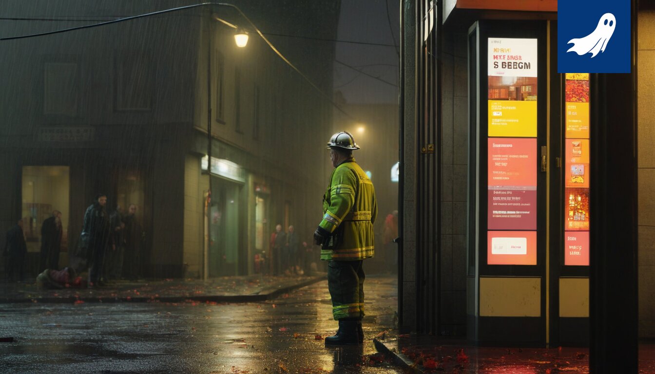 Sarjakuvamainen kuva Tampereen palokaseremistä, jossa robotit ja tekoäly korvaavat perinteiset palomiehet.