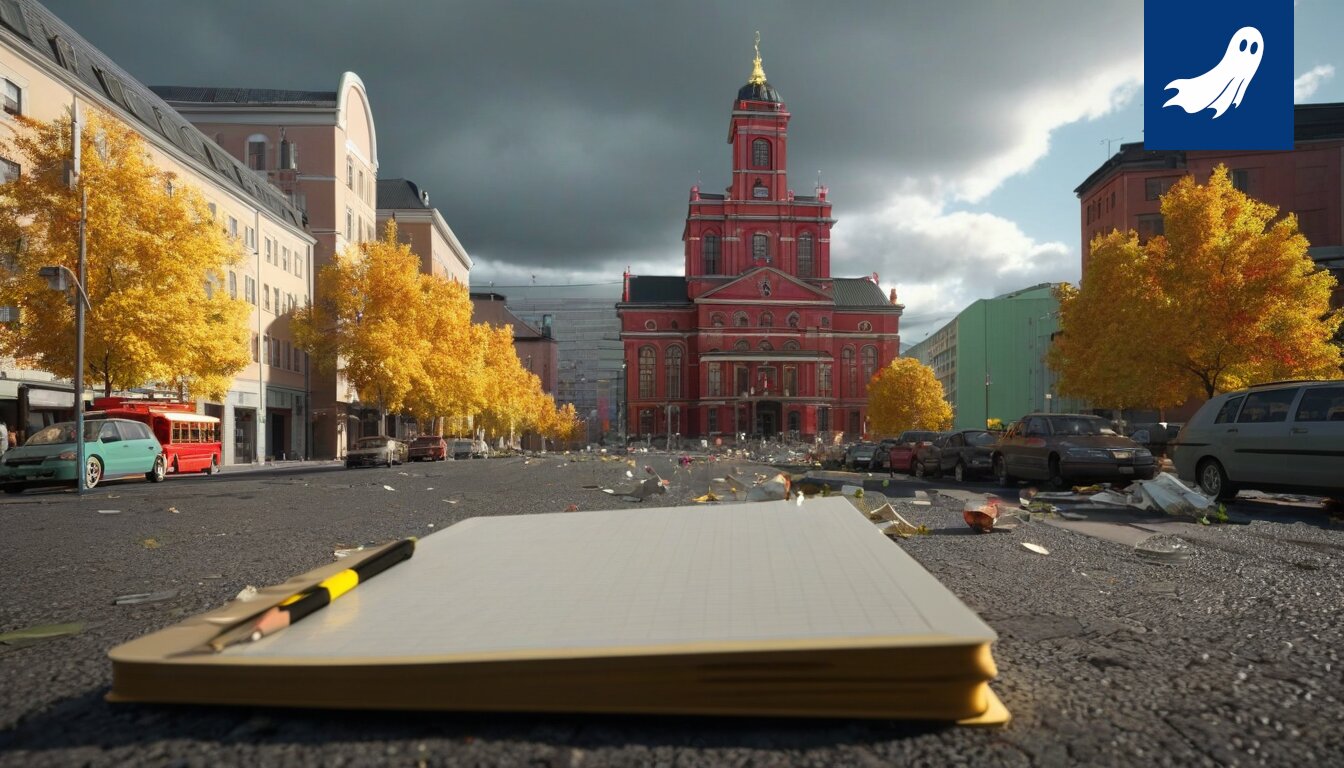 Sarjakuvamainen kuva Tampereen kaupungintalosta, jossa ihmiset etsivät nukkumapaikkaa kaupungin puistoista.