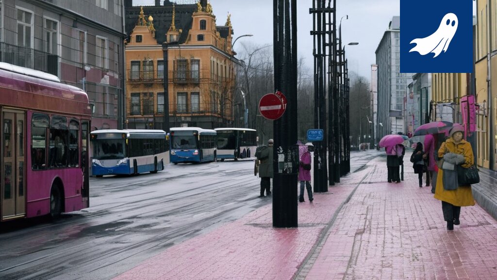 Sarjakuvamainen kuva Tampereen bussista fraktaalin muotoisessa kaupunkimaisemassa, symboloiden uutta liikennesuunnittelua.