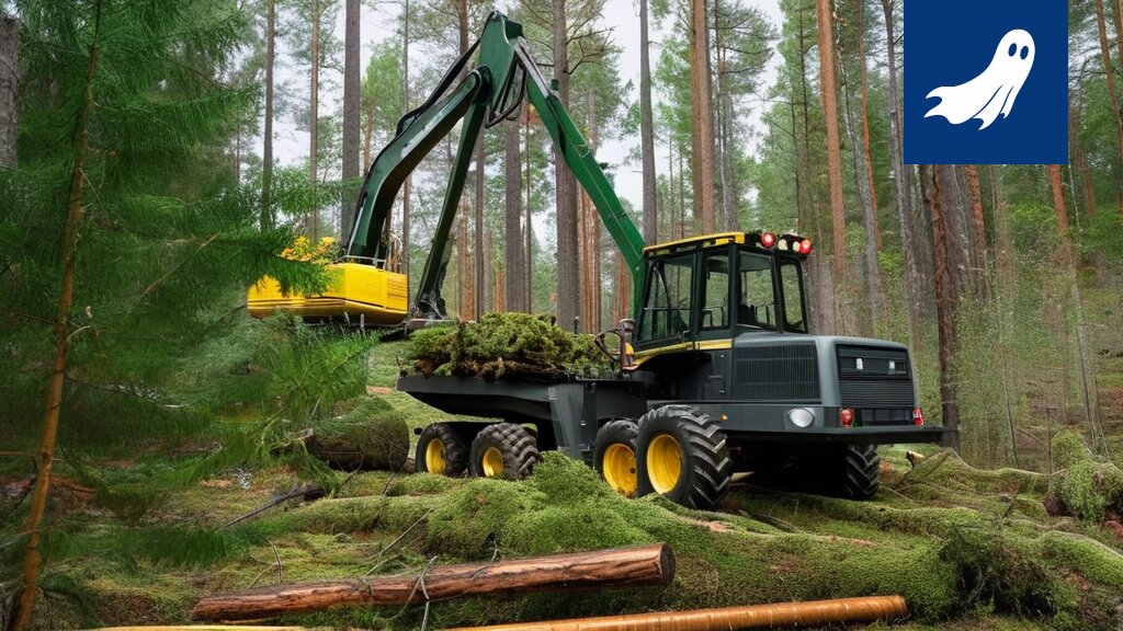 Ponsse-metsäkone kaataa puuta futuristisessa, digitaalisessa metsässä.