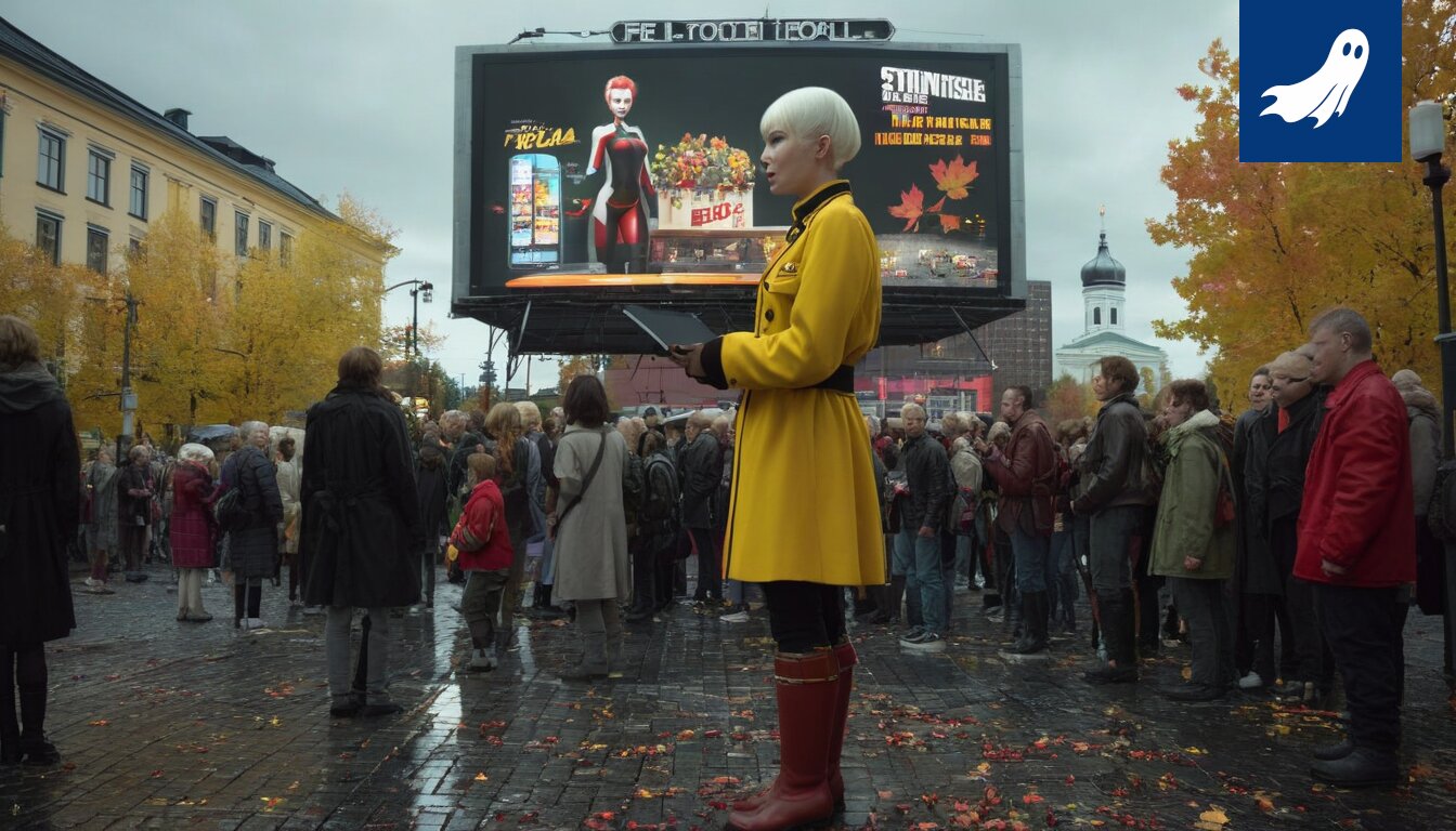 Kirjafestivaalien väkijoukko, jossa ihmiset katsovat puhelimiaan ja tablettejaan, symboloiden datan keräämistä ja personoitua mainontaa.