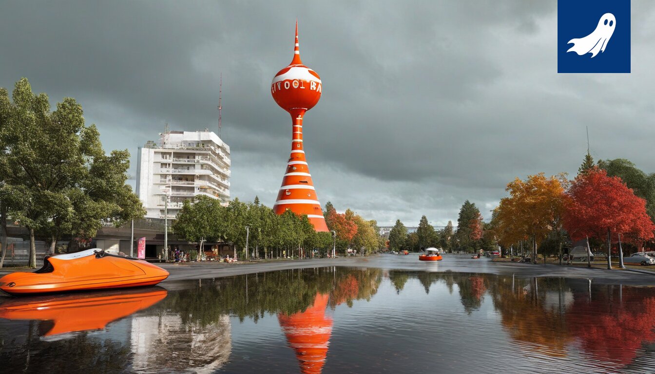 Kelluva vesipuisto Tampereen keskustassa, jossa ihmiset ajavat vesiskoottereilla ja ottavat selfieitä tulvavedessä.