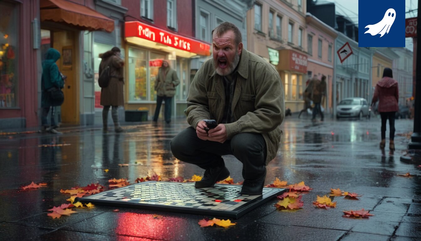 Kuva Tampereen Keskustorista, jossa ihmiset ratkovat ristikkotehtäviä epäilyttävän ilmeikkäästi.