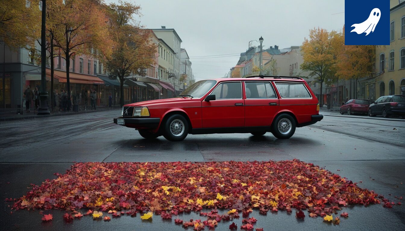 Tummanharmaa Wartburg-auto, joka symboloi DDR:n autoteollisuuden huippua ja outoja sattumia.