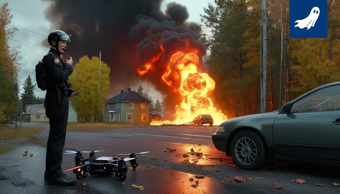 Palava rivitalo Kaukajärvellä, dokumentoitu droonilla.