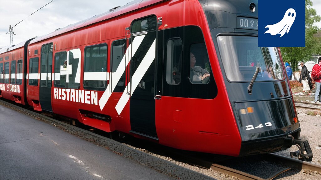 Kuva Tampereen ratikasta, jonka sisällä matkustajat näyttävät apaattisilta ja väsyneiltä.