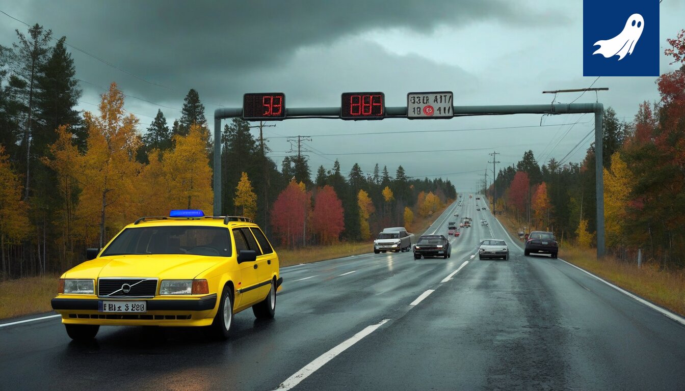 Kuva Jämsän Y-tiestä, jossa voimalinjan osiksi naamioitu nopeusvalvontajärjestelmä mittaa ajoneuvojen nopeutta.