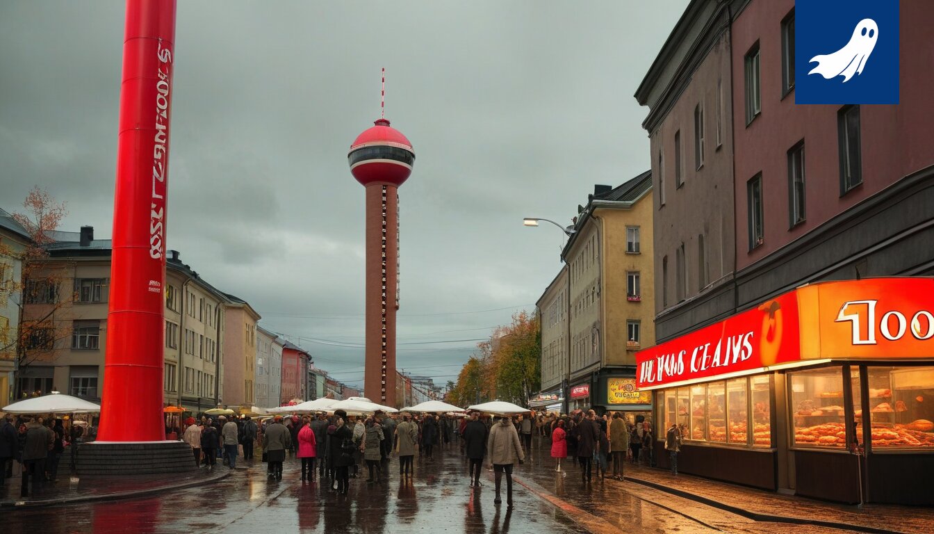 Näsinneula rakennettuna valtavasta makkarasta, satiirinen kuva Tampereen makkaravaltiosta.