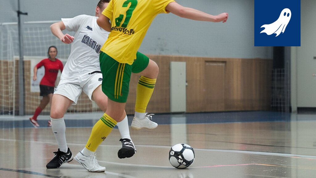 Futsalpelaaja valmistautumassa rankkaripaikkaan, taustalla hämmentyneitä katsojia ja vilkkuvia valoja.