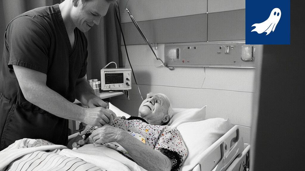 Satiirinen kuva Hatanpään sairaalasta, jossa potilaita 'pumpataan onnellisuudella'.