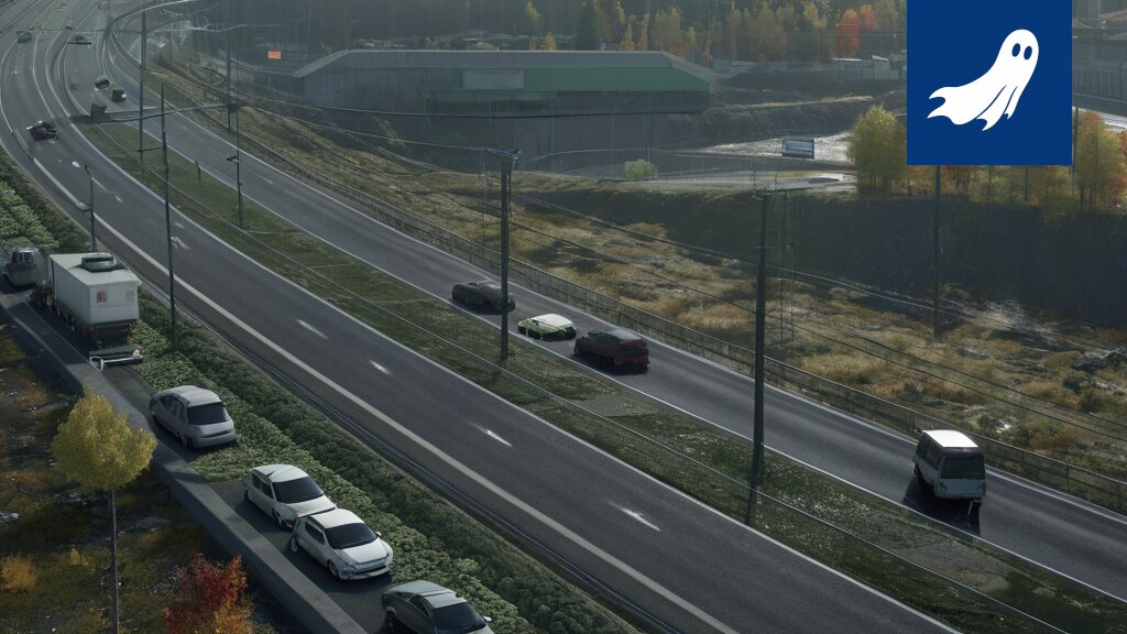 Kuva ruuhkautuneesta Tampereen moottoritiestä, jossa näkyy valvontadroni ja mainosnäyttö.