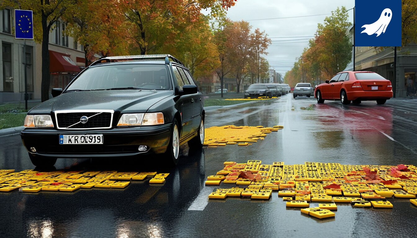 Sarjakuvamainen kuva Scandia Rentin vuokra-autosta, joka ajaa ruuhkaisessa Tampereen liikenteessä keräten dataa.
