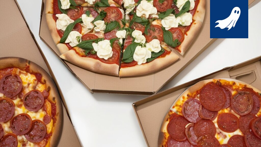 Sarjakuvamainen kuva pizzasta, jonka päällä on pörssikurssien nousu- ja laskukäyrät.
