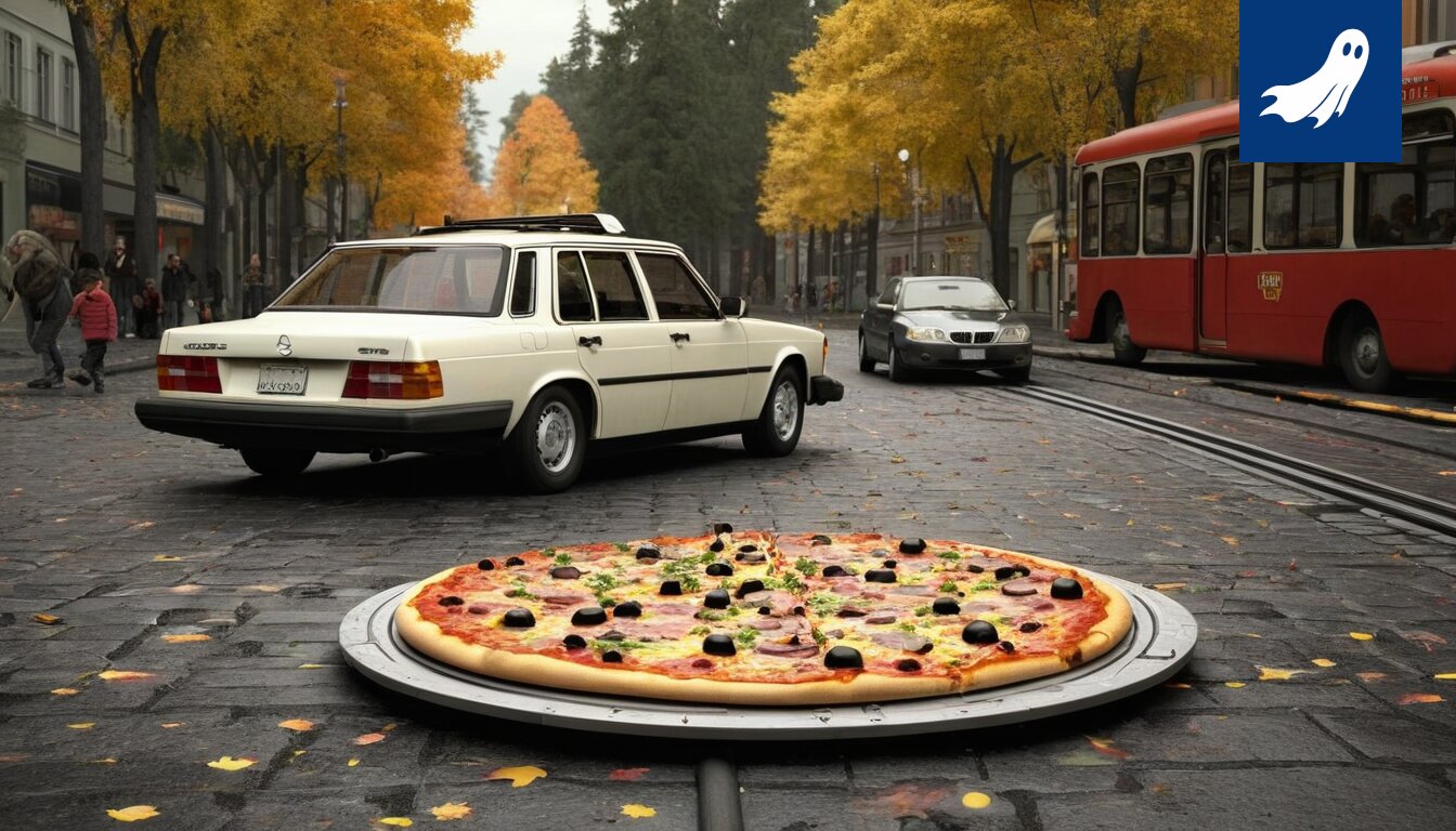 Satiirinen kuva Tampereen pizzahistoriasta ja tekoälyn vaikutuksesta kaupungin palveluihin.