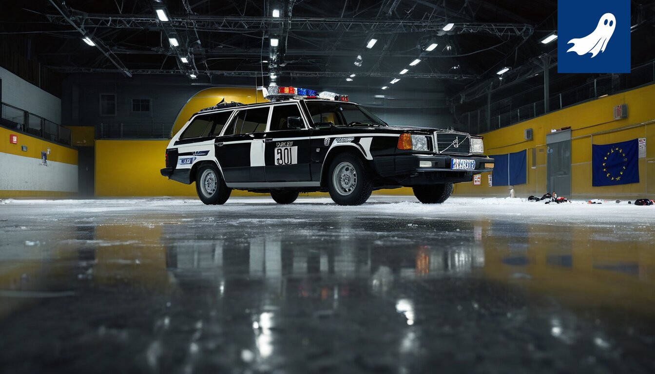 Robo-poliisi jääkiekko-ottelussa, sakottamassa pelaajaa taklauksen vuoksi.