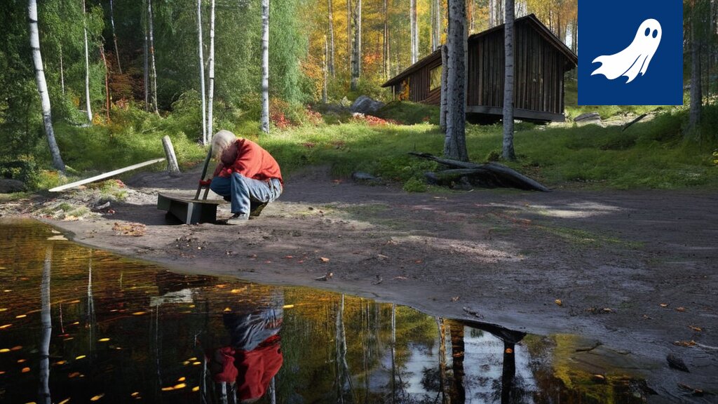 Satiirinen kuva Mutalan mökkialueesta, jossa näkyy runsaasti rakennusmateriaaleja ja sorkkarautoja.