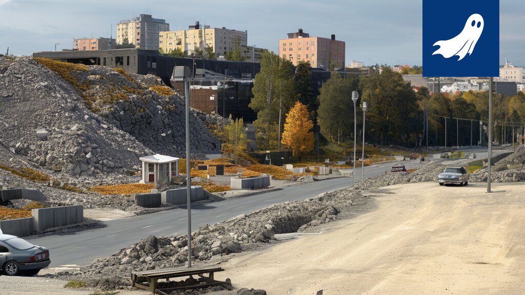 Sarjakuvamainen kuva Länsirannan kartasta, jossa on X-merkittyjä taloja ja robotti laskemassa rahaa.