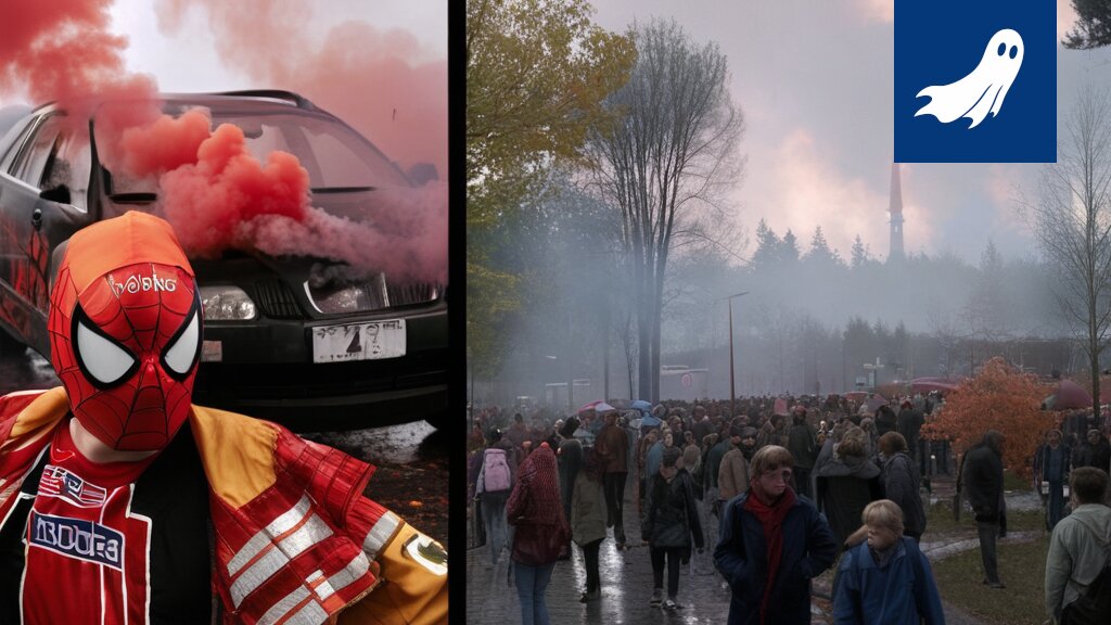 Satiirinen kuva mielenosoituksesta, jossa robotit ovat piilossa ihmisten joukossa.