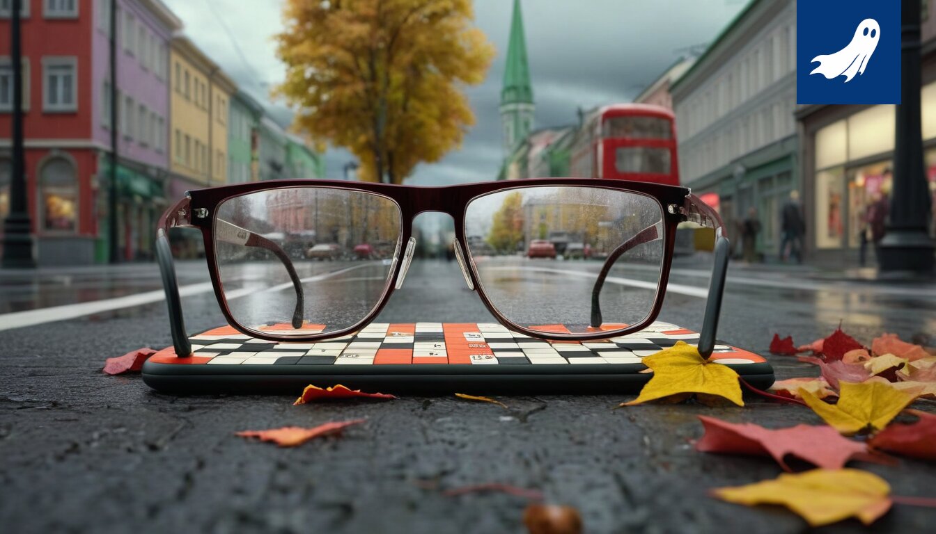 Sarjakuvamainen kuva silmälasien takaa katsovista silmistä, jotka hallitsevat maailmaa.
