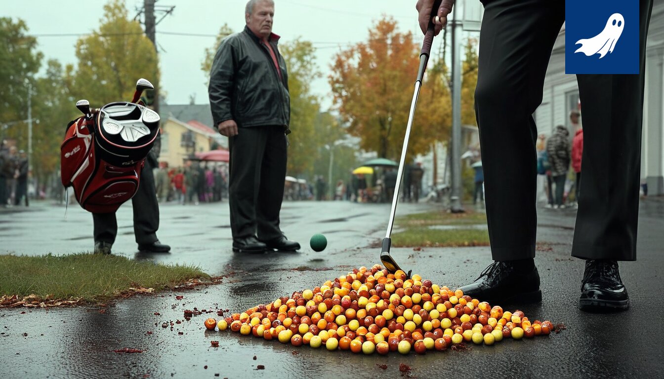 Pispalan katukuva täynnä golfbägejä ja viittauksia kebab-osakkeisiin, kuva satiirisen uutisartikkelin yhteydestä.